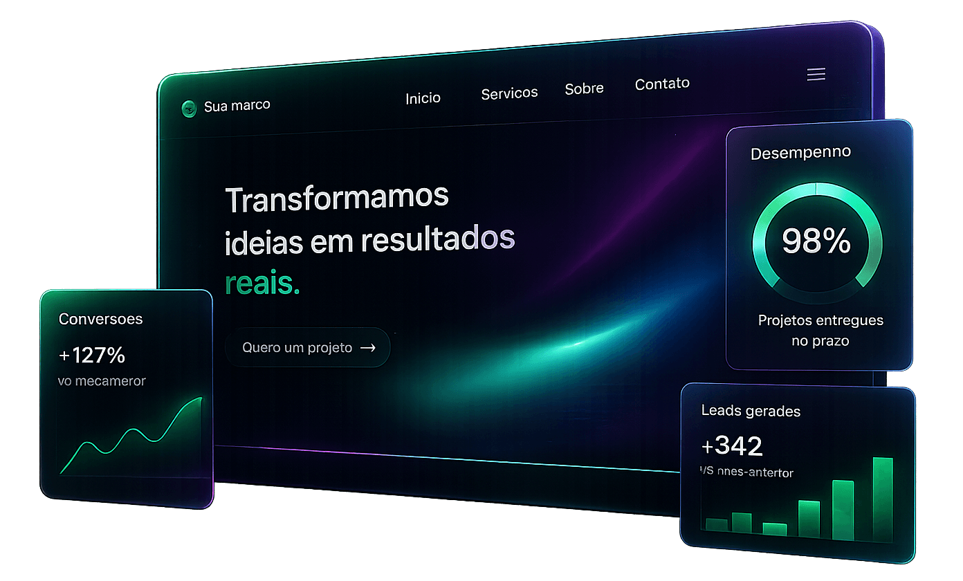 Prévia visual de uma interface digital com métricas de conversão, desempenho e leads.